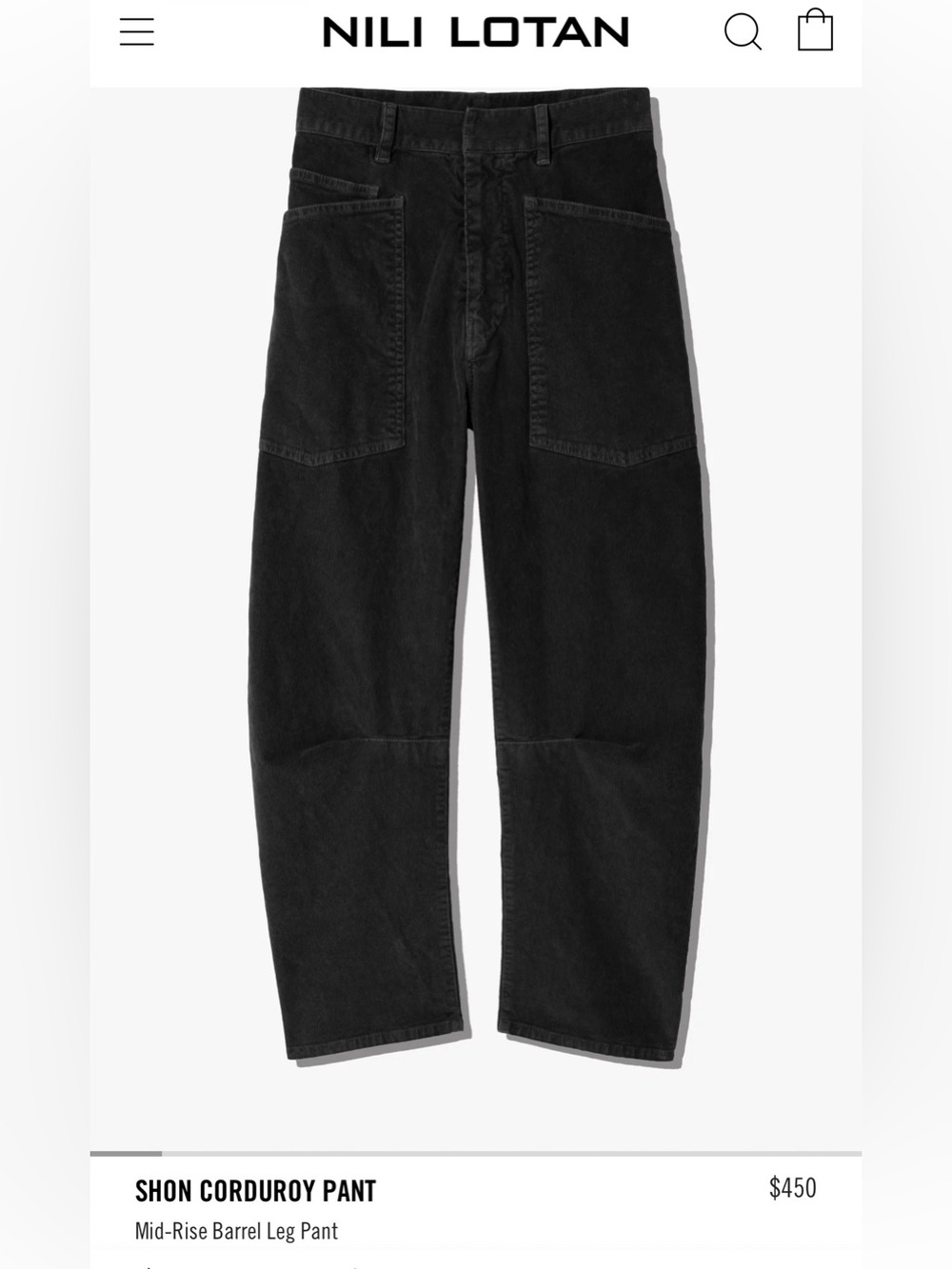 Nili Lotan Shon Black Corduroy Barrel Pants